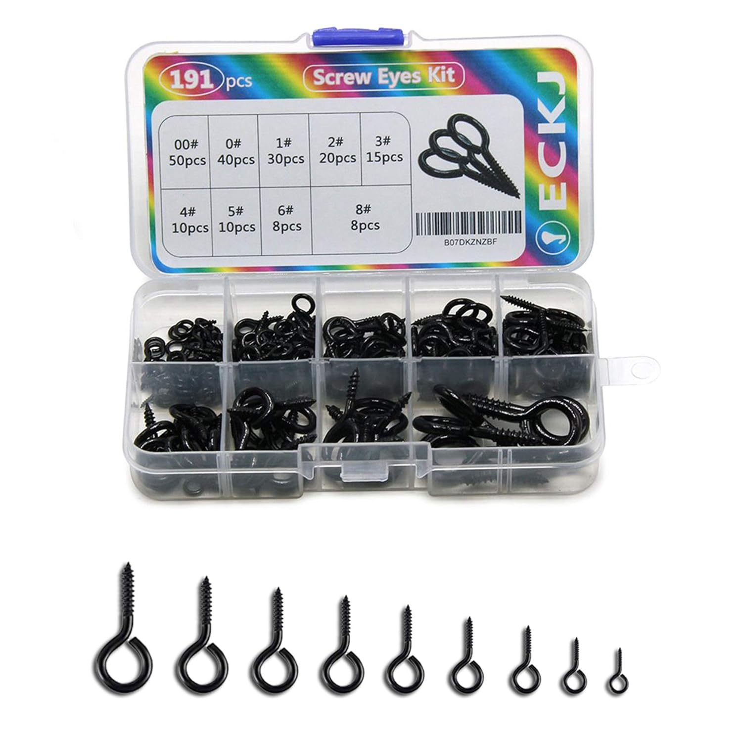 191pcs Screw Eyes Zinc Plated Metal Eye Hook Screw Self Tapping Screws Includes 9 Sizes Color Black